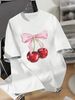 Women's Y2K Cherry Bow Print round Neck Short Sleeve T-Shirt Loose Fit Trendy Casual Top for Spring/Summer_ecoleips.com