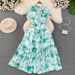 Gentle Long French Retro Style Short Sleeve Turn-Down Collar Waist-Cinching Slimming A-Line Floral Dress Summer_ecoleips.com