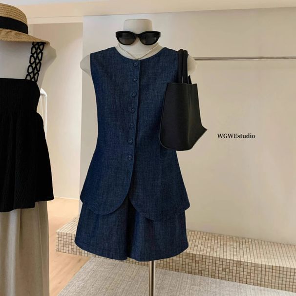 WGWE 2025 New Old Money Style Vest Top+Wide Leg Cowboy Shorts Two Piece Women's Spring And Autumn Set_ecoleips.com