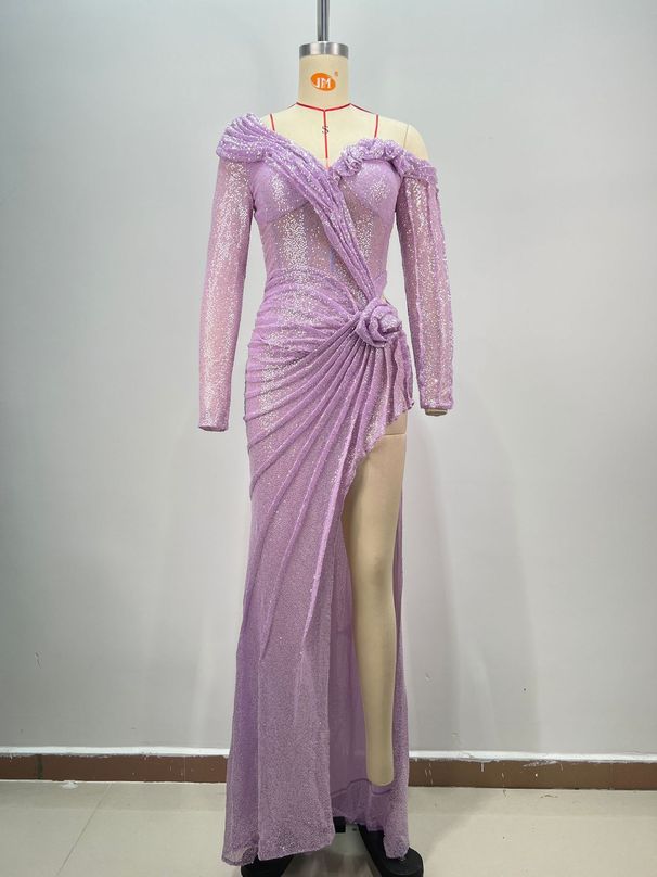 Women's Clothing V Neck One Shoulder Mid Waist Slit Flower Long Sleeved Slimming Evening Dress_ecoleips.com
