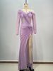 Women's Clothing V Neck One Shoulder Mid Waist Slit Flower Long Sleeved Slimming Evening Dress_ecoleips.com