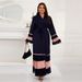 Verve Muslim Fashion Pleated Color Block Sleeve Long Dress Robe_ecoleips.com