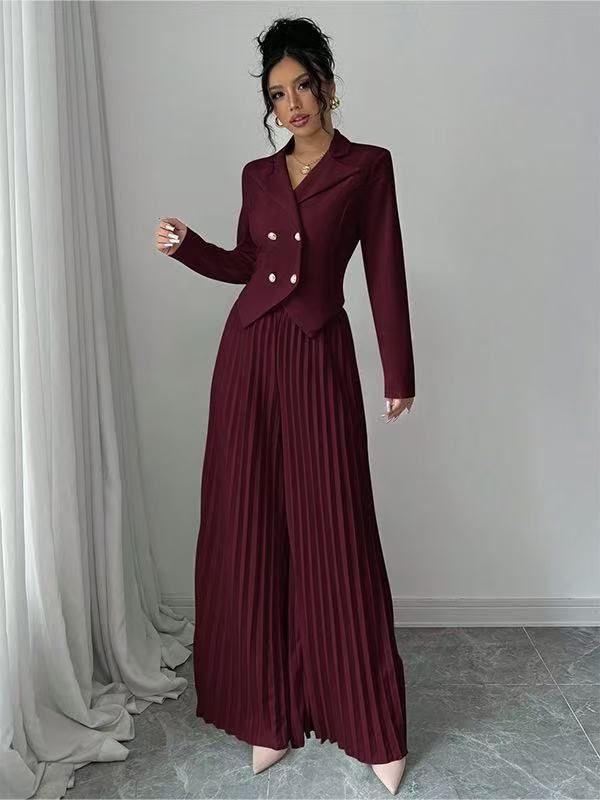 Women's Fashion Pant Set Pleated Skirt And Pants Two-Piece Casual Mid Waist Full Length Cotton Polyester_ecoleips.com