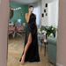 Women's Clothing Winter New Fashion Personality Slant Neck Off Shoulder Gathered Glossy Shiny Side Slit Banquet Dress_ecoleips.com