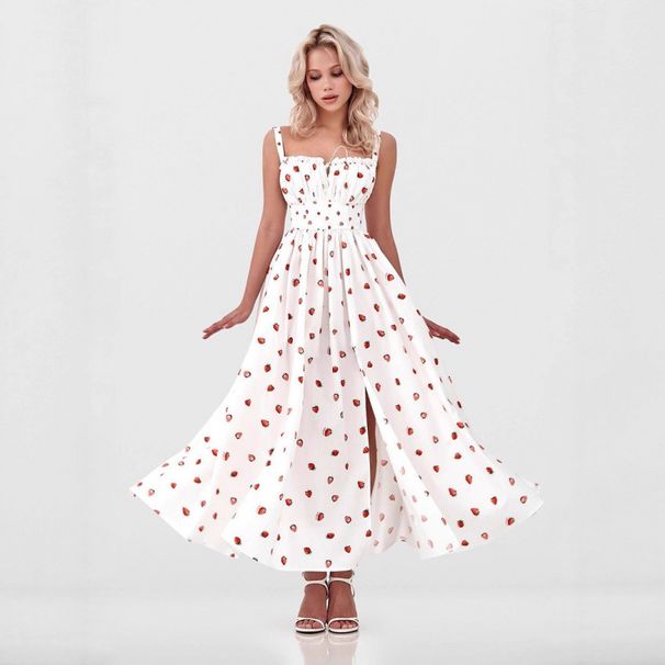 Summer Style Fresh And Sweet Halter Neck Dress for Women Low Cut High Waisted Tie Front Fruit Print 5 Colors Available_ecoleips.com