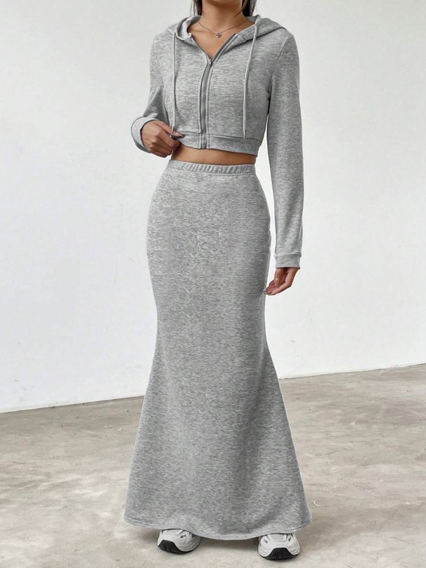 Women's Clothing Long Sleeved Hooded Zipper Sweatshirt With Hip Wrapped Long Skirt Suit Casual Women's Clothing_ecoleips.com
