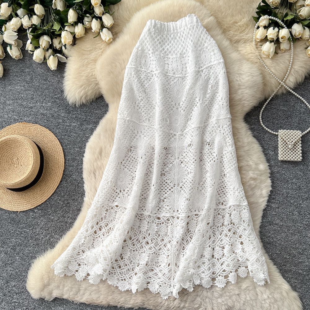 Women's Clothing High Waisted Slimming A-Line Midi Skirt For Women Heavy Duty Hollowed Out Knit Crochet With Tassel Splicing Summer Skirt_ecoleips.com