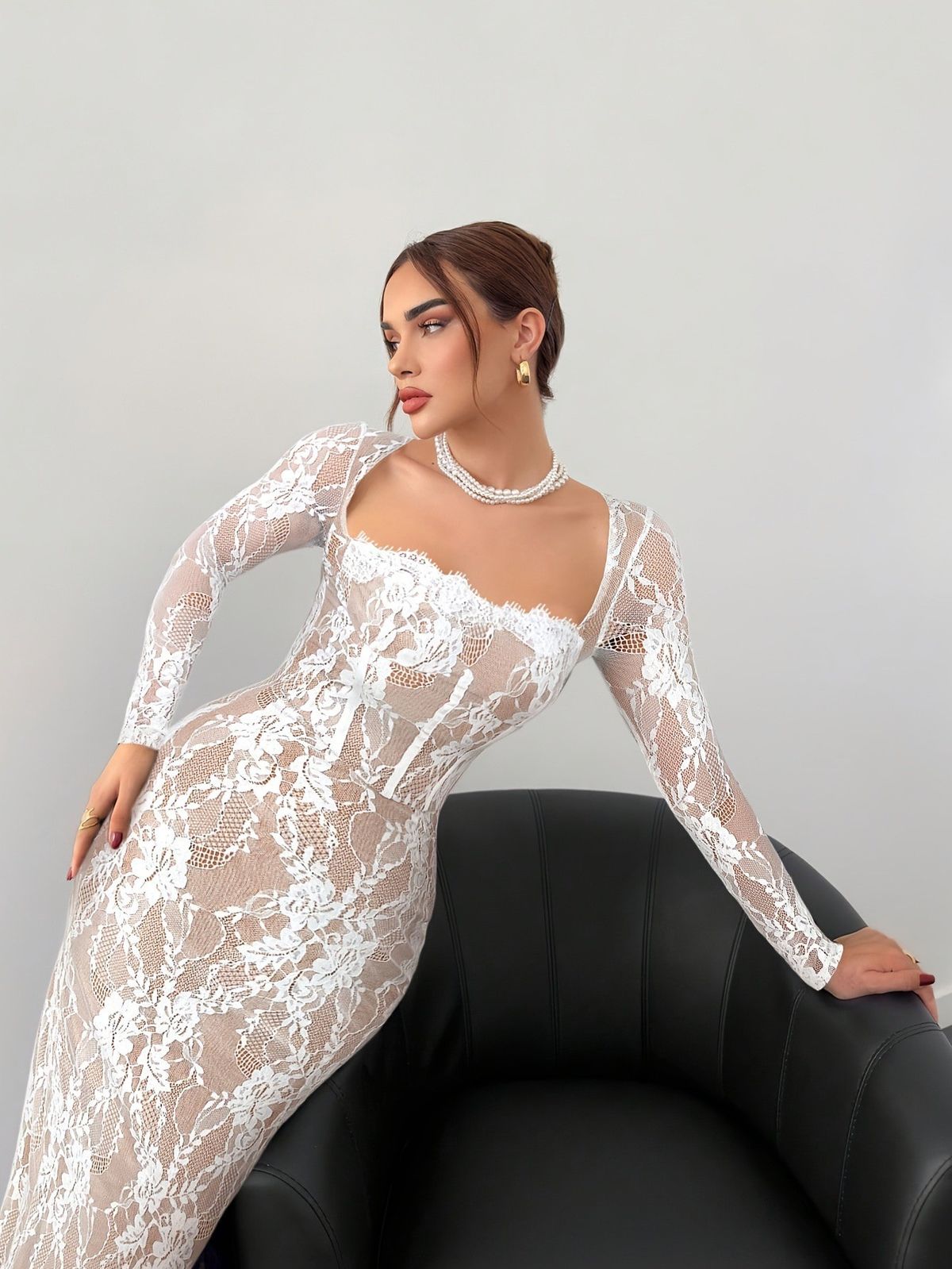 Elegant Long Sleeve Lace Trim Square Neck Back Zipper A-Line Maxi Dress With Side Slit Fashion Trends_ecoleips.com