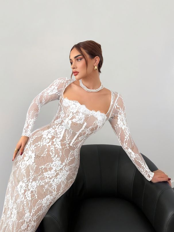 Elegant Long Sleeve Lace Trim Square Neck Back Zipper A-Line Maxi Dress With Side Slit Fashion Trends_ecoleips.com