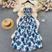 New Summer Korean Fashion Rose Flower Print Romantic Retro Party Dress Elastic High Waist Vacation Long Dress Beach Vestido_ecoleips.com