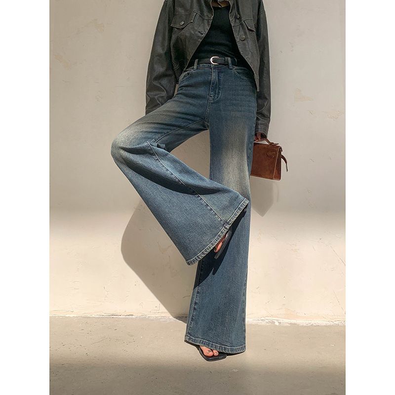 Women's Clothing Retro Washed Blue Denim Jeans Slim Fit Flared Pants Wide Leg Floor Length Autumn Fashionable Style_ecoleips.com