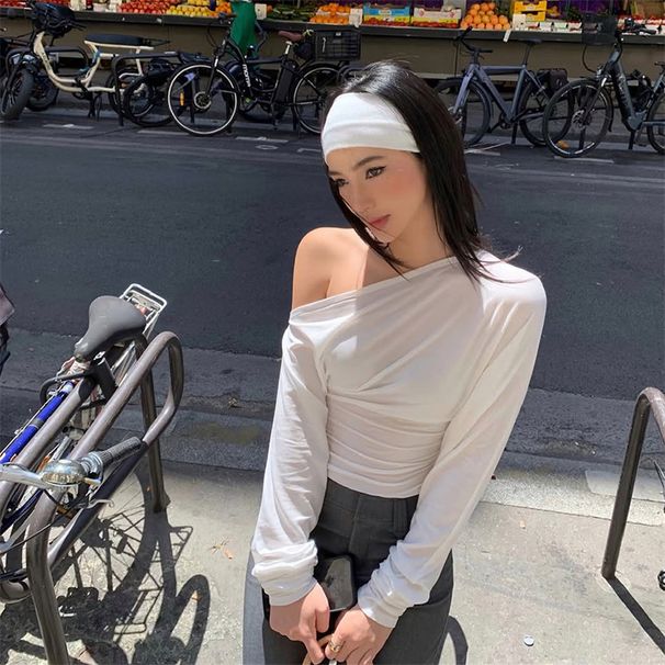 Women's European American Style off Shoulder Long Sleeve Slim Waist T-Shirt Top Fashion Street Style Autumn 2025 New Arrival_ecoleips.com