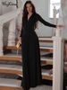 Hugcitar Autumn Elegant V Neck Long Sleeve Shoulder Pads Ruched Sexy Pleated Maxi Dress Women Evening Party Birthday Clothes_ecoleips.com