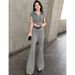 European-style Short-sleeved Sports Suit For Women, 2026 Summer New Trendy Slim-fit Short Top And Flared Pants Two-piece_ecoleips.com