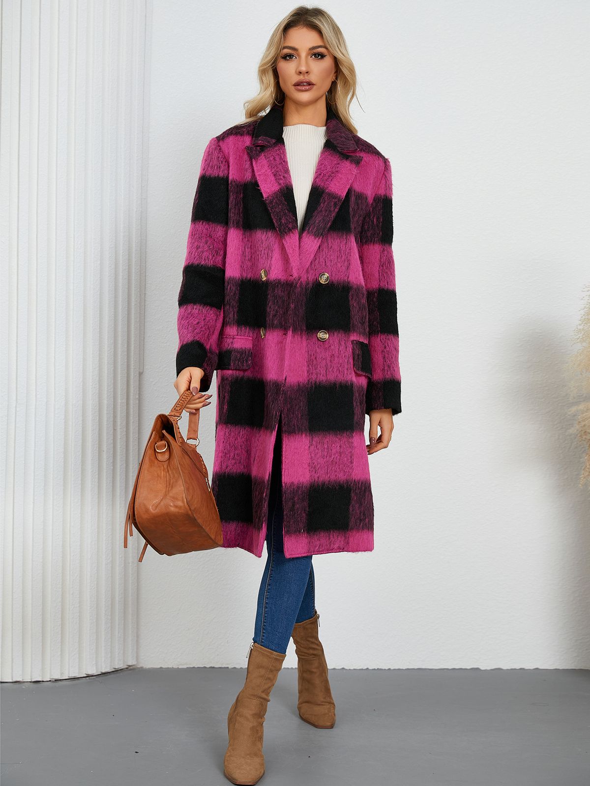 Premium Double-Faced Wool Coat - Long Plaid Trench Coat With Notched Lapel, Winter Elegant Overcoat For Women_ecoleips.com