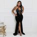 lace-up halterneck high slit solid color hot diamond dress sexy evening dress with mesh sleeves_ecoleips.com