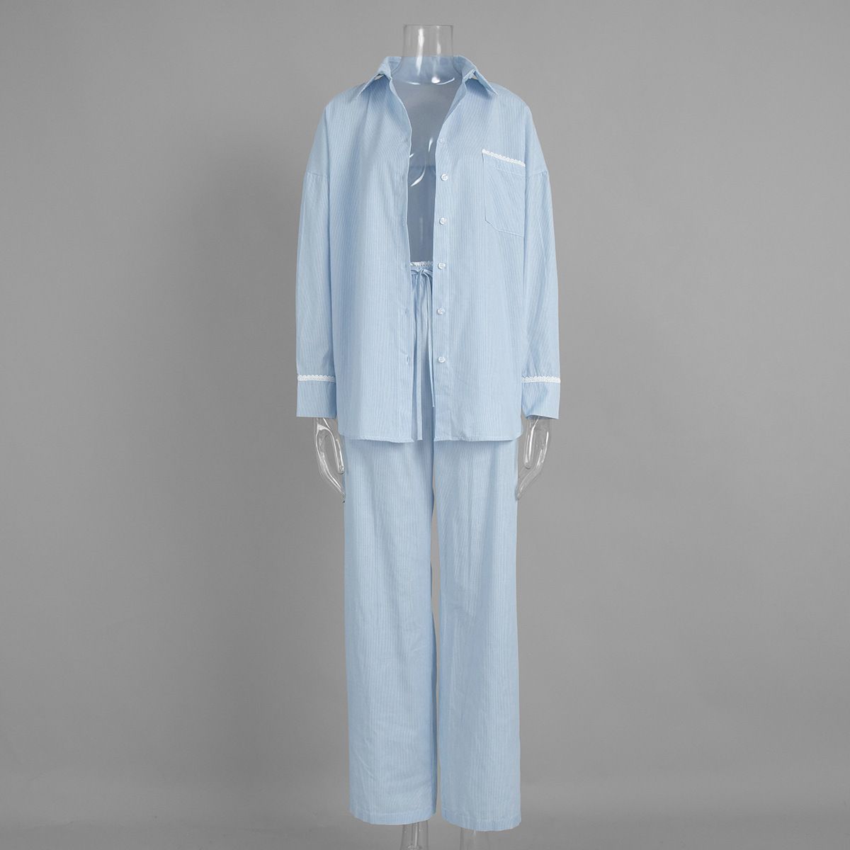 Women's Vertical Striped Shirt And Tie Waist Trousers Set European American Style Spring 2026 New Two Piece Cross Border Clothing_ecoleips.com