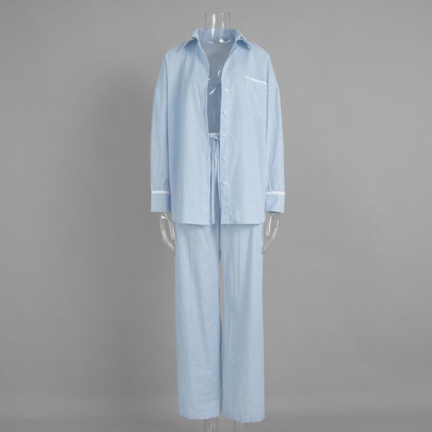 Women's Vertical Striped Shirt And Tie Waist Trousers Set European American Style Spring 2026 New Two Piece Cross Border Clothing_ecoleips.com