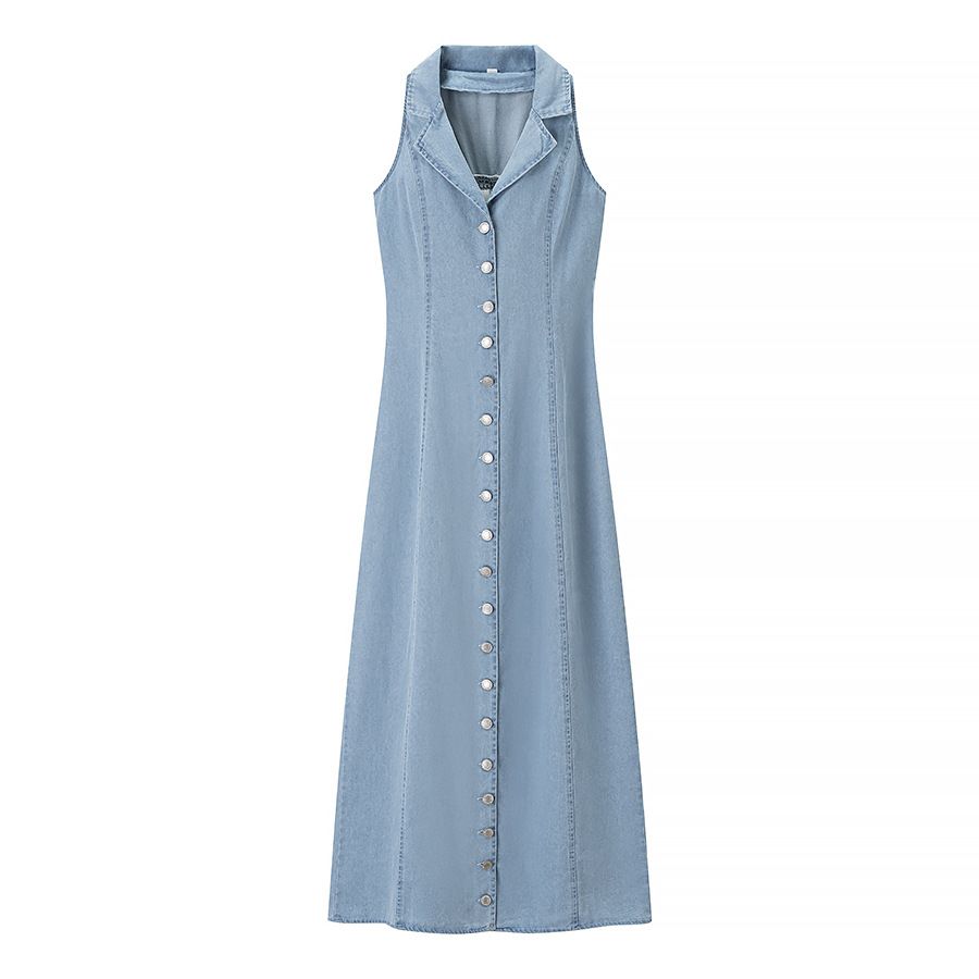 Women's Light Blue Denim Maxi Skirt Button Detail Early Spring Fashion Sexy Dress_ecoleips.com