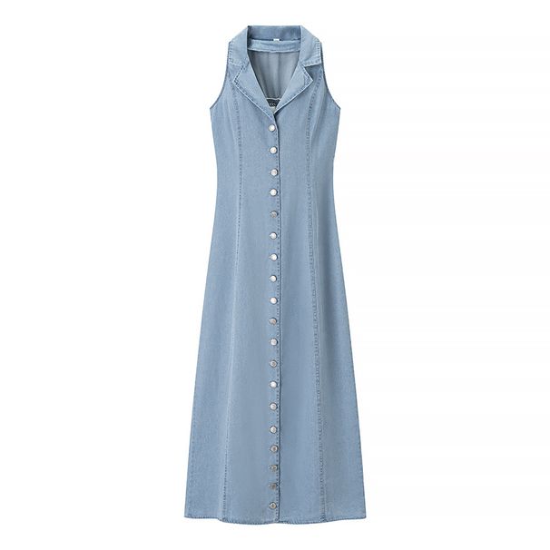 Women's Light Blue Denim Maxi Skirt Button Detail Early Spring Fashion Sexy Dress_ecoleips.com