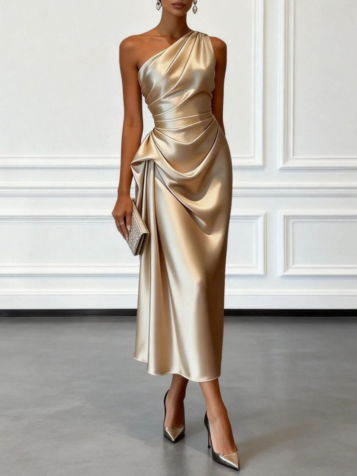 High-End Satin Evening Gown for Women Sleeveless Pleated Waist Cinching European And American Style Cross Border Trade New 2026_ecoleips.com