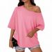 Women's Casual Fashion Asymmetrical Neck T-Shirt Knit Short Sleeve Top European American Style_ecoleips.com