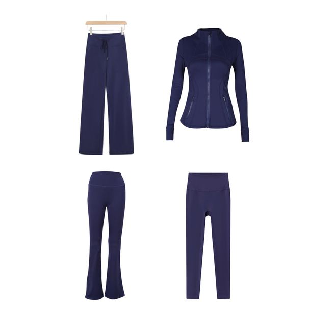 Women's Slim Fit Stand Collar Jacket With Flared Pants Straight Leg Pants Cropped Pants Four Piece Set Elastic Outerwear_ecoleips.com