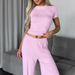 European And American Summer New Pink Milk Silk Short Sleeve Long Pants Pajama Set Cross-Border Wholesale Women's_ecoleips.com