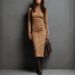 Women's Clothing Retro High Neck Long Dress Solid Color Slim Waist Long Sleeve Women's Base Dress_ecoleips.com
