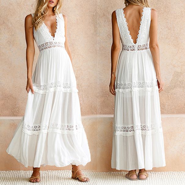 Women's Clothing New Fashion Lace V Neck Temperament Commuting Mid Waist Solid Color Chest Wrap Mid Length Dress_ecoleips.com
