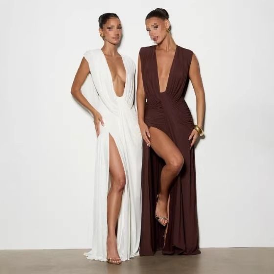 Stylish Draped Pleated Dress Solid Color Deep V Neck Irregular Design European American Style Feminine New Black Dress_ecoleips.com