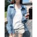 Lazy-Style Casual Blue Checkered Shirt For Women, Early Autumn Loose-Fitting Long-Sleeved Sun-Protective Jacket With Ver_ecoleips.com
