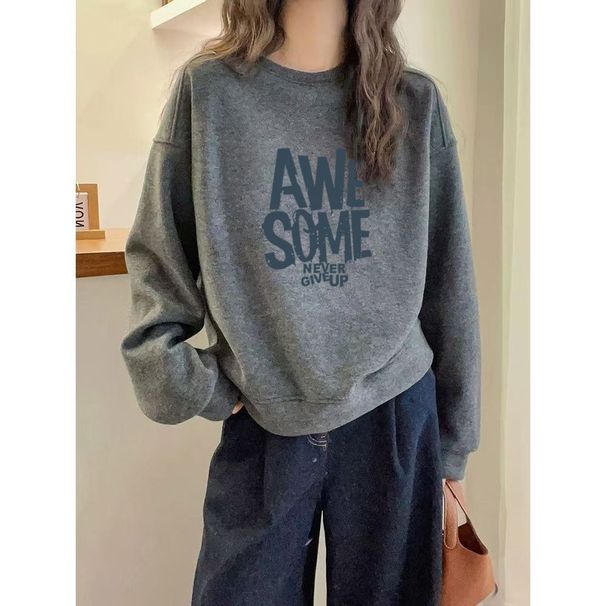 European-style High-end Gray Round-neck Pullover Loose Printed Sweatshirt For Women, Autumn And Winter, Fleece-lined,_ecoleips.com