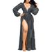 Women's Clothing Spring Lantern Sleeve Plus Size Dress Long Sequin Deep V Neck Sexy Slit Party Dress Skirt_ecoleips.com