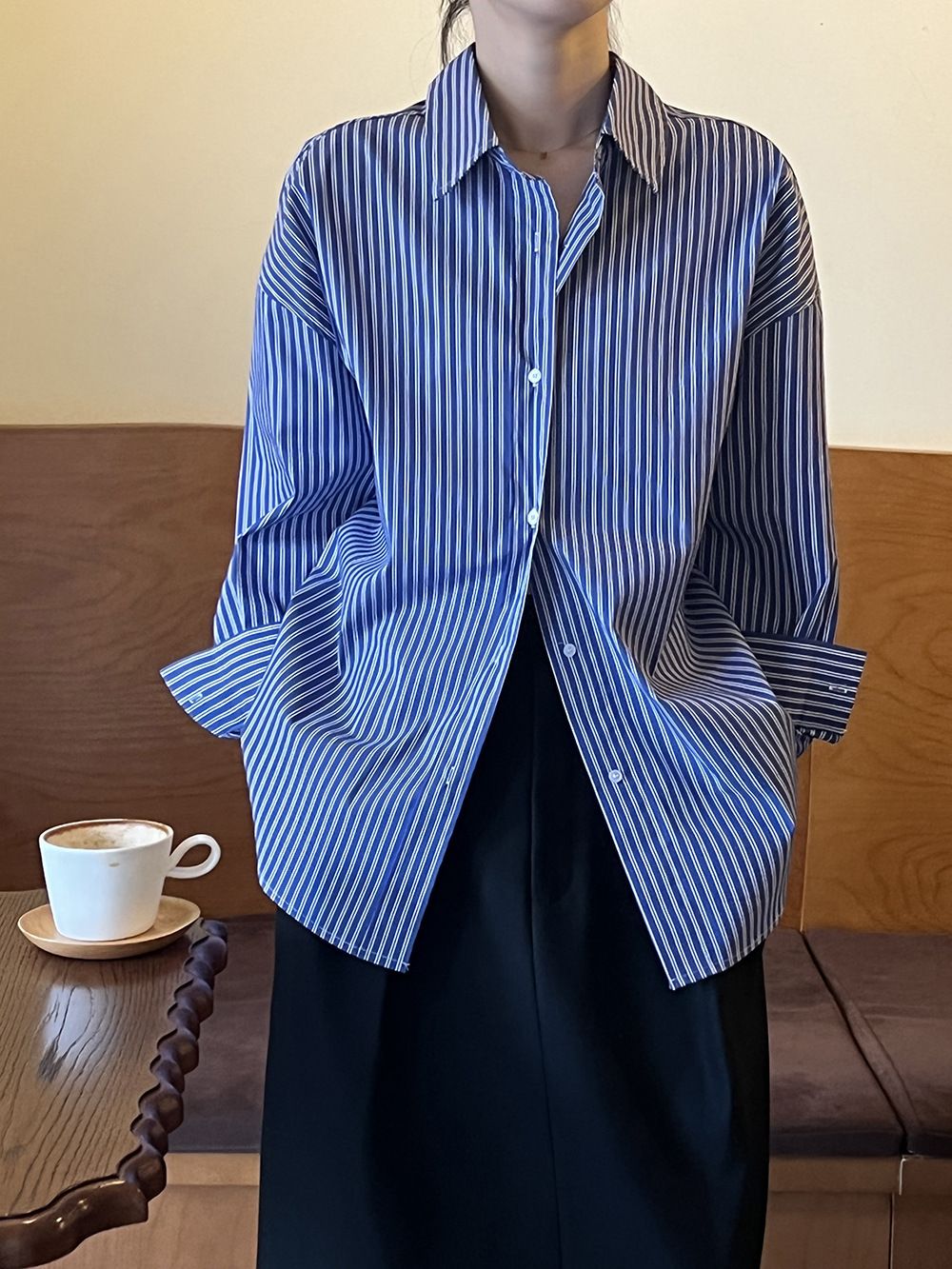 Women's Blue Striped French Style Shirt Loose Fit Versatile Top Sun Protection Elegant Fashion Spring/Autumn Regular Size_ecoleips.com
