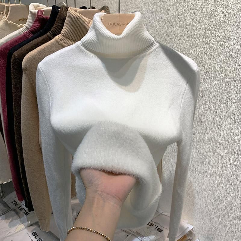 Premium High-Neck Fleece-Lined Sweater For Women - Ultra-Warm Winter Thermal Top With Plush Velvet Inner, Slim Fit, Elegant Solid Colors_ecoleips.com
