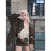 【No Returns Or Exchanges】Washed Vintage Motorcycle Leather Jacket Set Sexy Hot Girl Workwear Mini Skirt For Women_ecoleips.com
