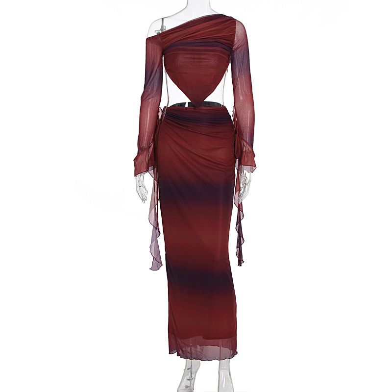 Sexy Fashion Printed Single Slant Shoulder Long Sleeve Ribbon Slim Fit Dress For Women Daily Party Wear_ecoleips.com
