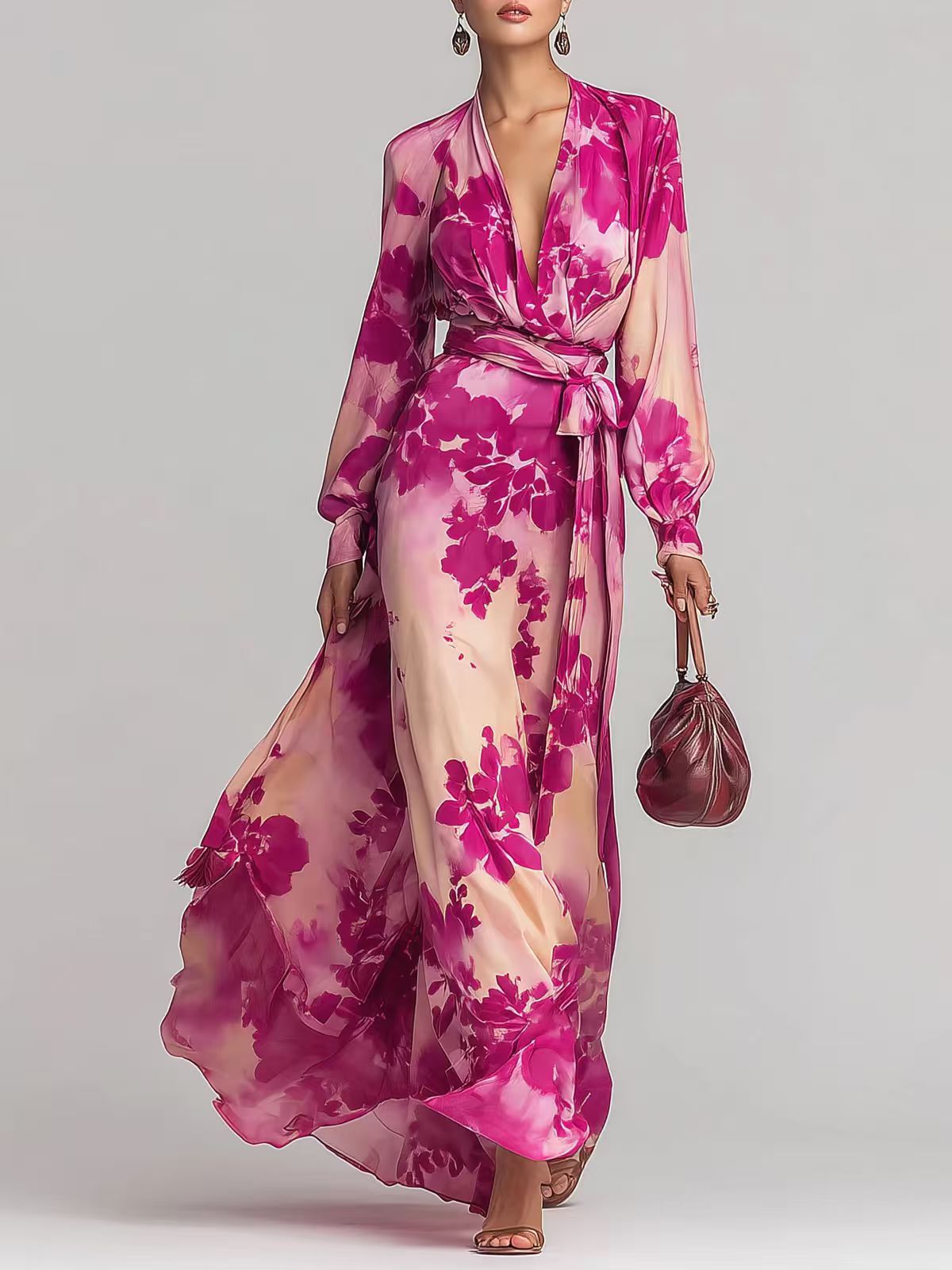Elegant Style Printed Chiffon Long Dress V Neck Tie Waist Elegant Classy Spring New Style Long Sleeved_ecoleips.com