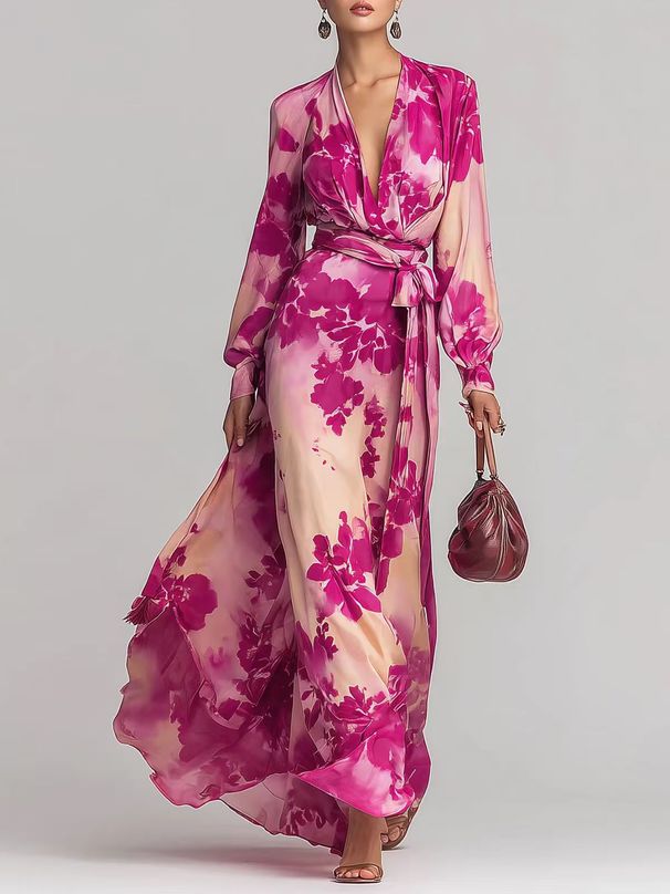 Elegant Style Printed Chiffon Long Dress V Neck Tie Waist Elegant Classy Spring New Style Long Sleeved_ecoleips.com