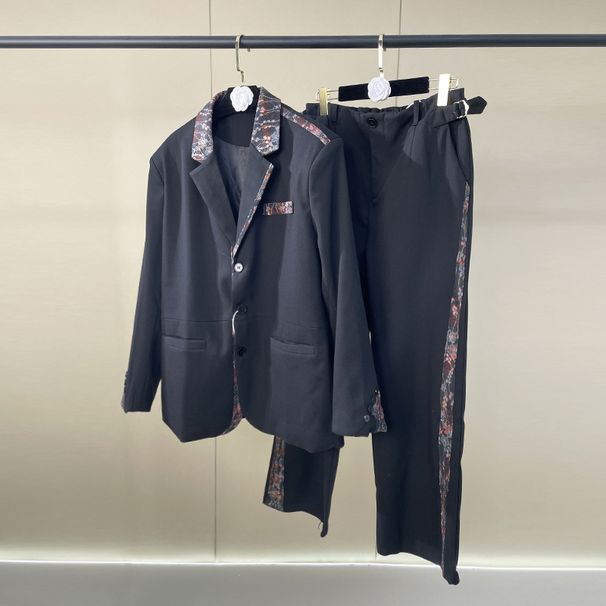 Women's Printed Blazer And High-Waisted Wide-Leg Pant Two-Piece Set, Black Casual Office Suit_ecoleips.com