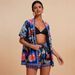 Women's Printed Short Sleeve Shirt And Shorts Set Breathable Polyester Loungewear Wrap Waist Flounce Hem Abstract Tie-Dye Floral S-3XL_ecoleips.com