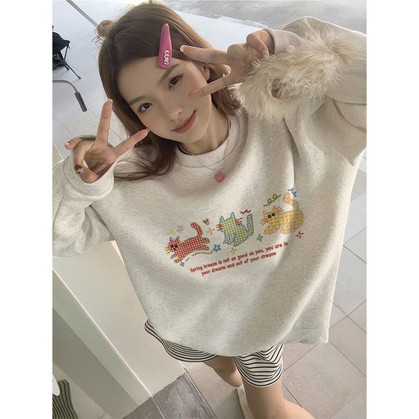 Women's Heavyweight Fleece Lined Crew Neck Sweatshirt American Style Printed Thickened Casual Loose Fit Hoodless Top for Autumn/Winter_ecoleips.com