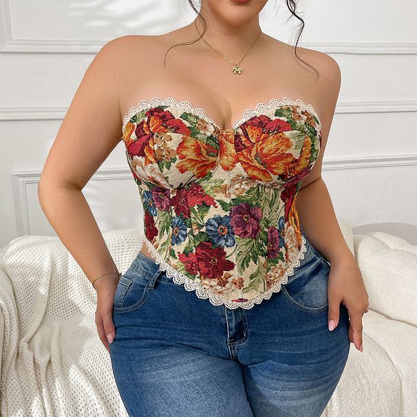 Retro French Herringbone Plus Size Bra Sexy Cross Vest Floral Bandeau Top For Women's Clothing_ecoleips.com