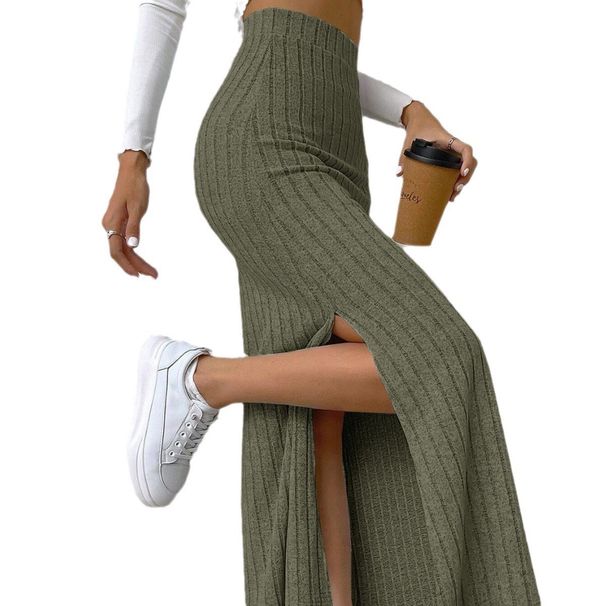 Women's High-Waisted Side Slit Bodycon Knit Midi Skirt – Stretchy Office & Casual Dress, Princess A-Line Fit_ecoleips.com