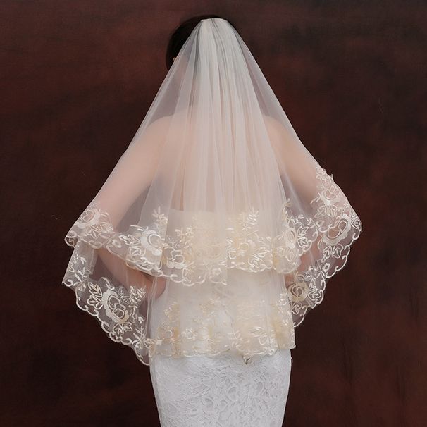 Champagne Colored Wedding Veil Single Layer Lace Trim Korean Style 1.35 X 1.1 Meters Accessory for Wedding Dresses_ecoleips.com