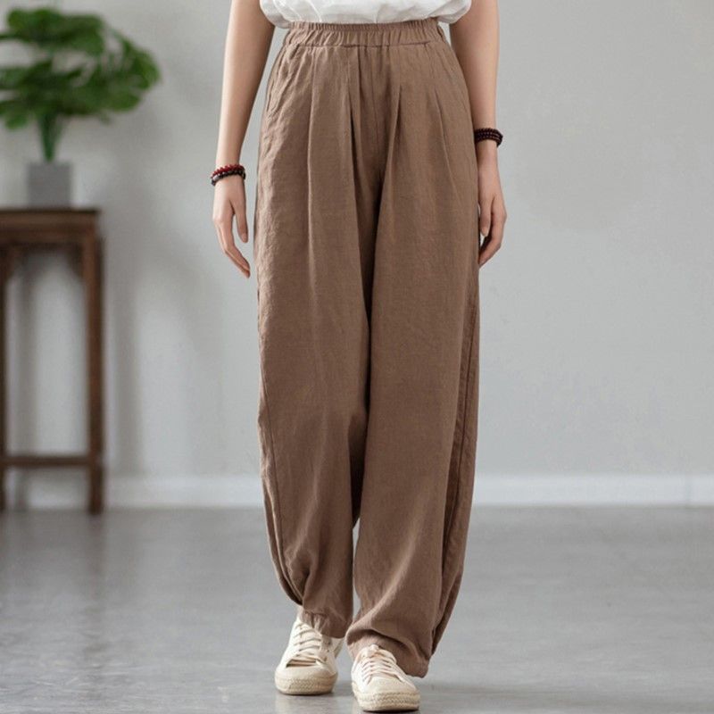 Johnature Women Vintage Solid Color Long Pants Linen Elastic Wasit 2025 Spring New Trouser Pockets Loose Women Straight Pants_ecoleips.com