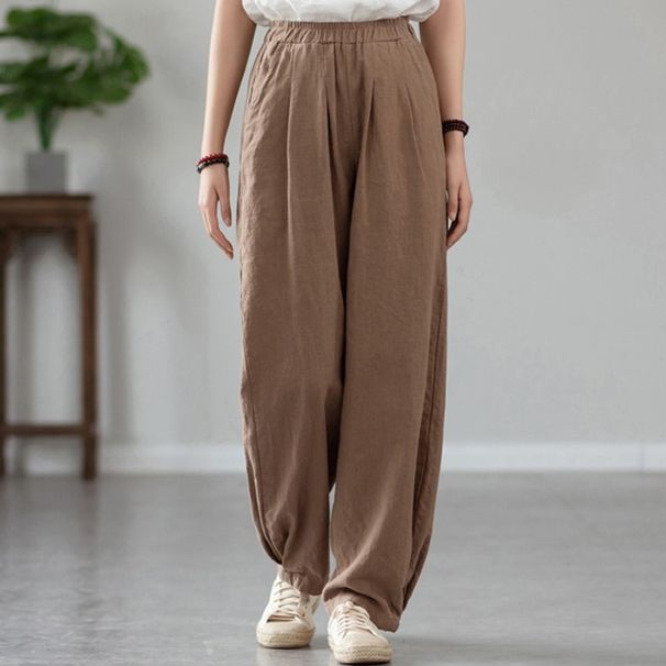 Johnature Women Vintage Solid Color Long Pants Linen Elastic Wasit 2025 Spring New Trouser Pockets Loose Women Straight Pants_ecoleips.com