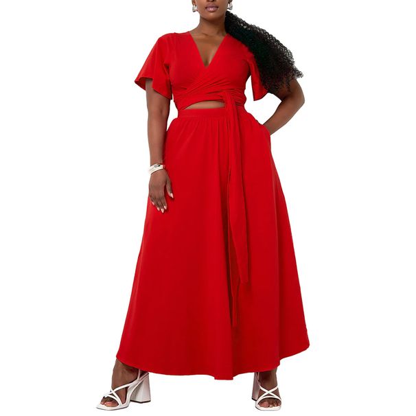 N8078 Women's Fashion 2025 Spring/Summer New Solid Color Bell Sleeve V-neck Split Two-piece Set_ecoleips.com