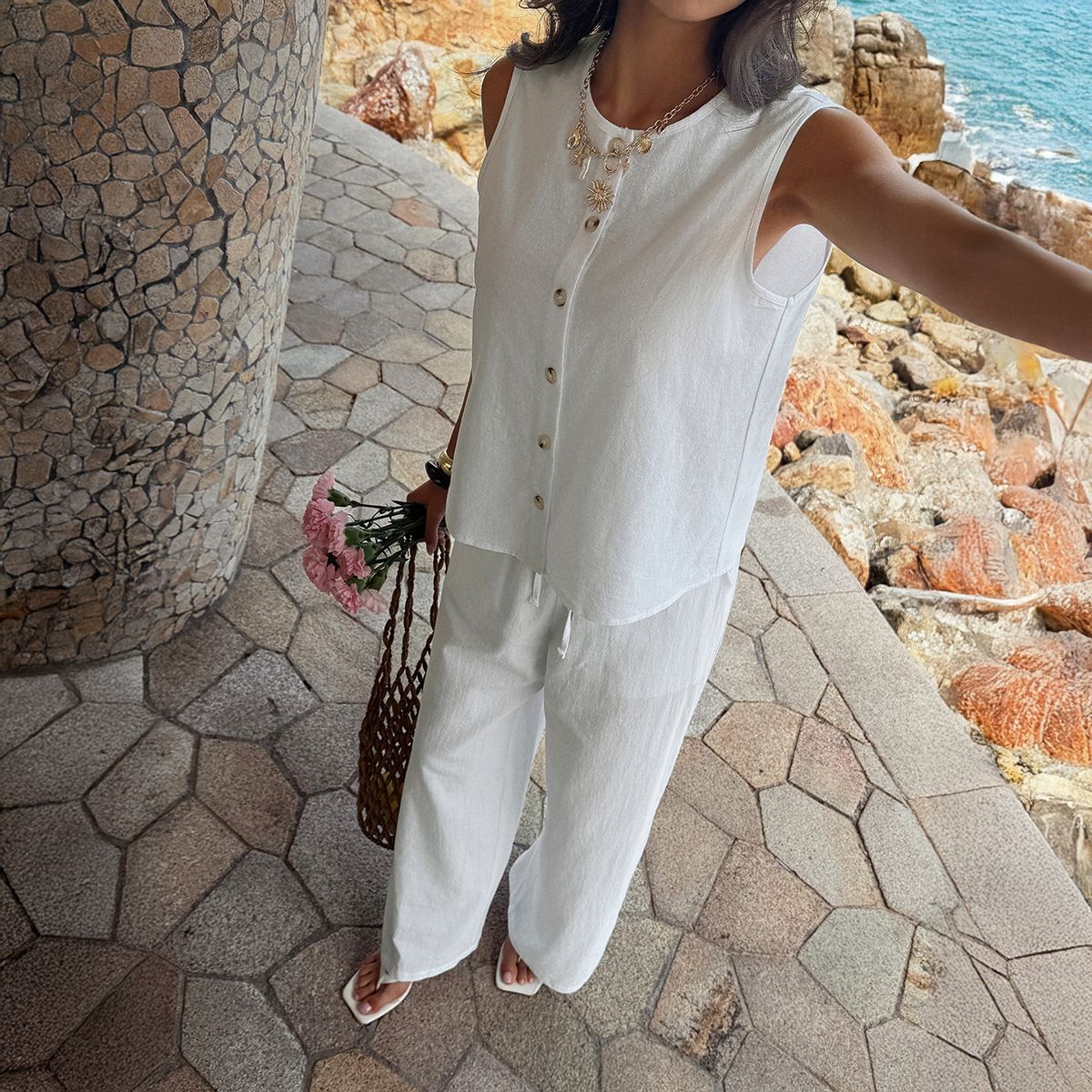 Women's Elegant Simple Round Neck Button Down Top Set European American Style Spring Summer_ecoleips.com